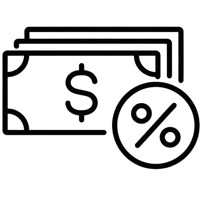 Icon of money with a dollar sign and percentage symbol on a white background