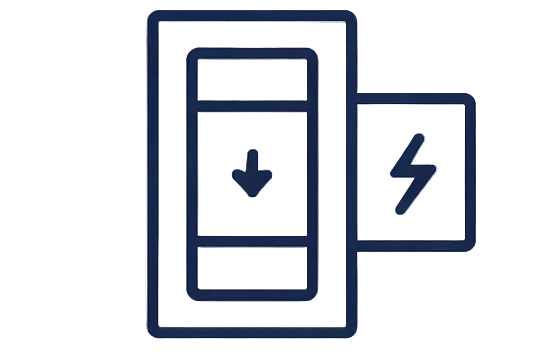 Icon of an electric panel with a download arrow and a lightning bolt on a white background